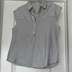 SHEIN Black and White Notched Collar Cap Sleeve Shirt